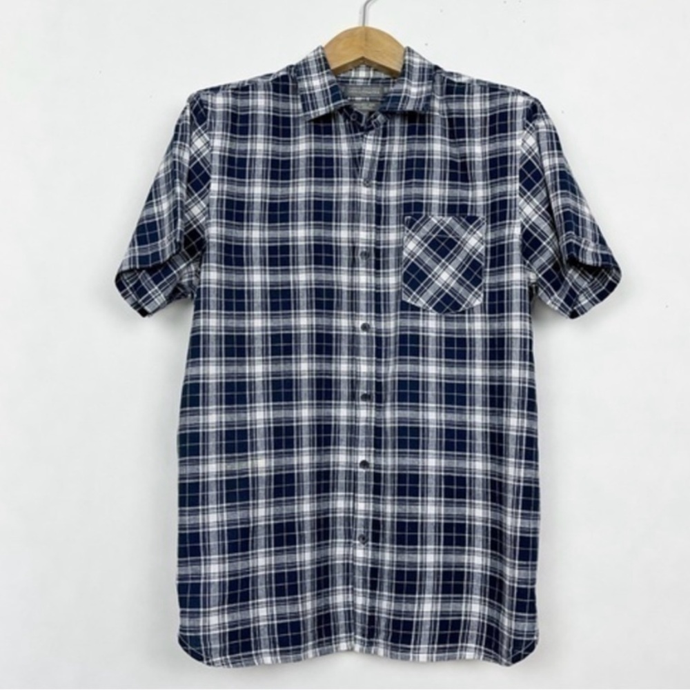 Denver Hayes Men’s‎ Linen Cotton Short Sleeve Navy White Plaid Shirt Size Large